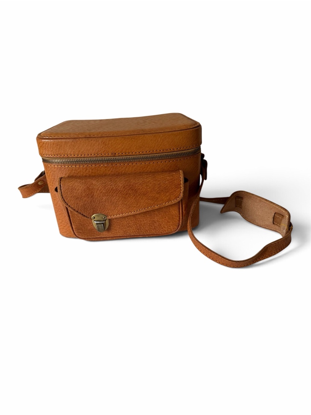 Vintage Tan Leather Zipper & Adjustable Shoulder Strap Camera Bag